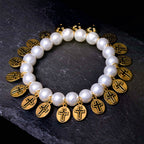 Retro Style Saint Jesus Mary Medals Cross Pearl Bracelet