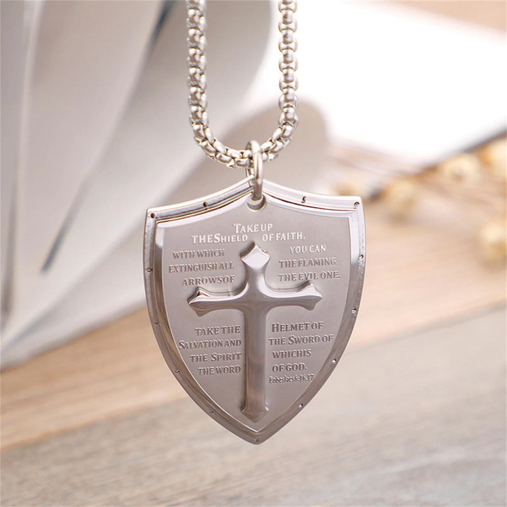 Stainless Steel Lords Prayer Cross Shield Pendant Necklace