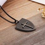 Stainless Steel Lords Prayer Cross Shield Pendant Necklace