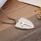 Stainless Steel Lords Prayer Cross Shield Pendant Necklace