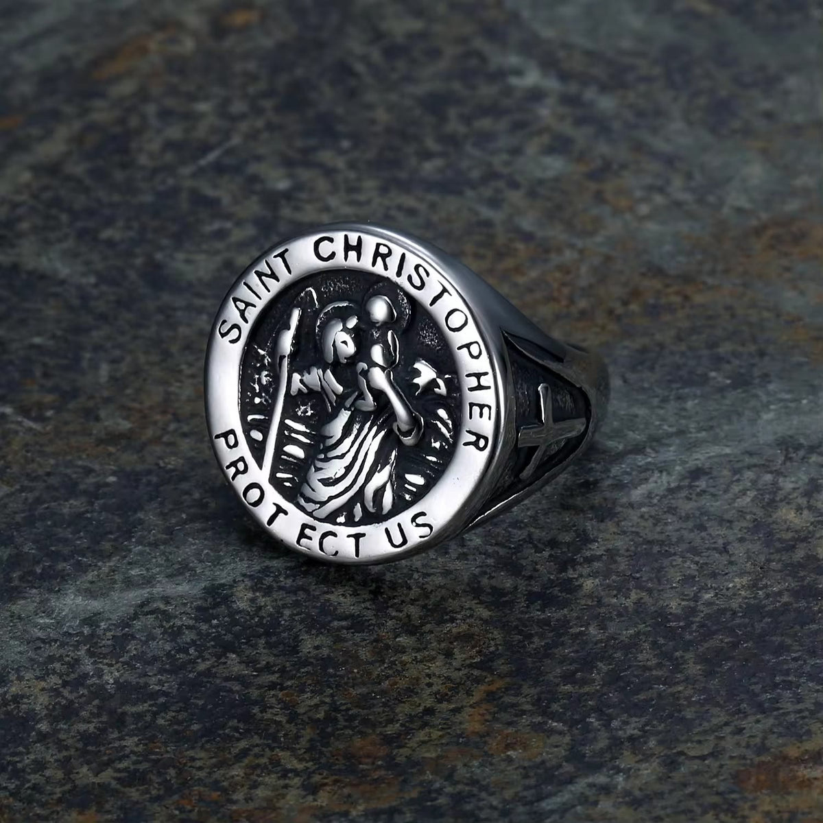 Saint Christopher Protect Us Medal Signet Ring