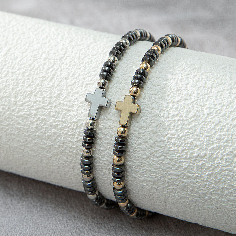 2pcs Cross Decor Beaded Stackable Hematite Bracelet