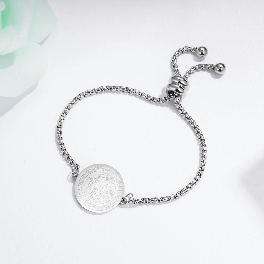 St. Benedict Engraved Medal  Adjustable Bracelet