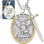 Two Tone Sword & Oval Shield St. Michael Pendant Necklace