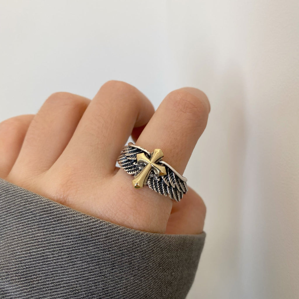 Retro Wings Cross Graffiti Letter Adjustable Ring