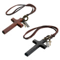 Vintage Wood Cross Adjustable Leather Necklace