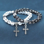 Cross Printed Black & White Bead Bracelet
