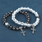 Cross Printed Black & White Bead Bracelet