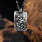 Retro Pray Hands Silver Medal Faith Necklace