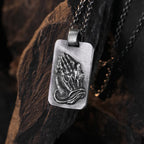 Retro Pray Hands Silver Medal Faith Necklace