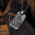 Retro Pray Hands Silver Medal Faith Necklace