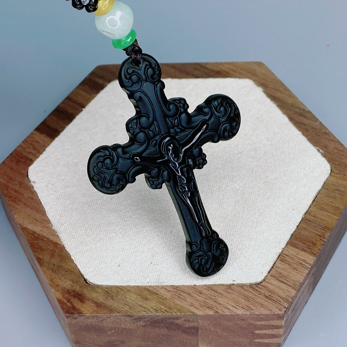 Classic Style Crafted Obsidian Crucifix Pendant Necklace