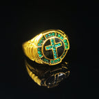 Retro Style Green Gemstones Cross Golden Alloy Ring