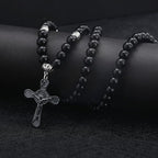 Retro Noble Style Crucifix Black Gallstone Beads Pendant Necklace