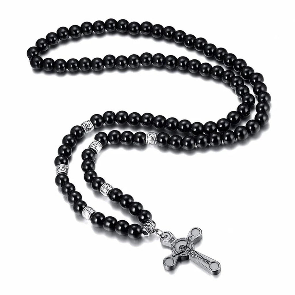 Retro Noble Style Crucifix Black Gallstone Beads Pendant Necklace