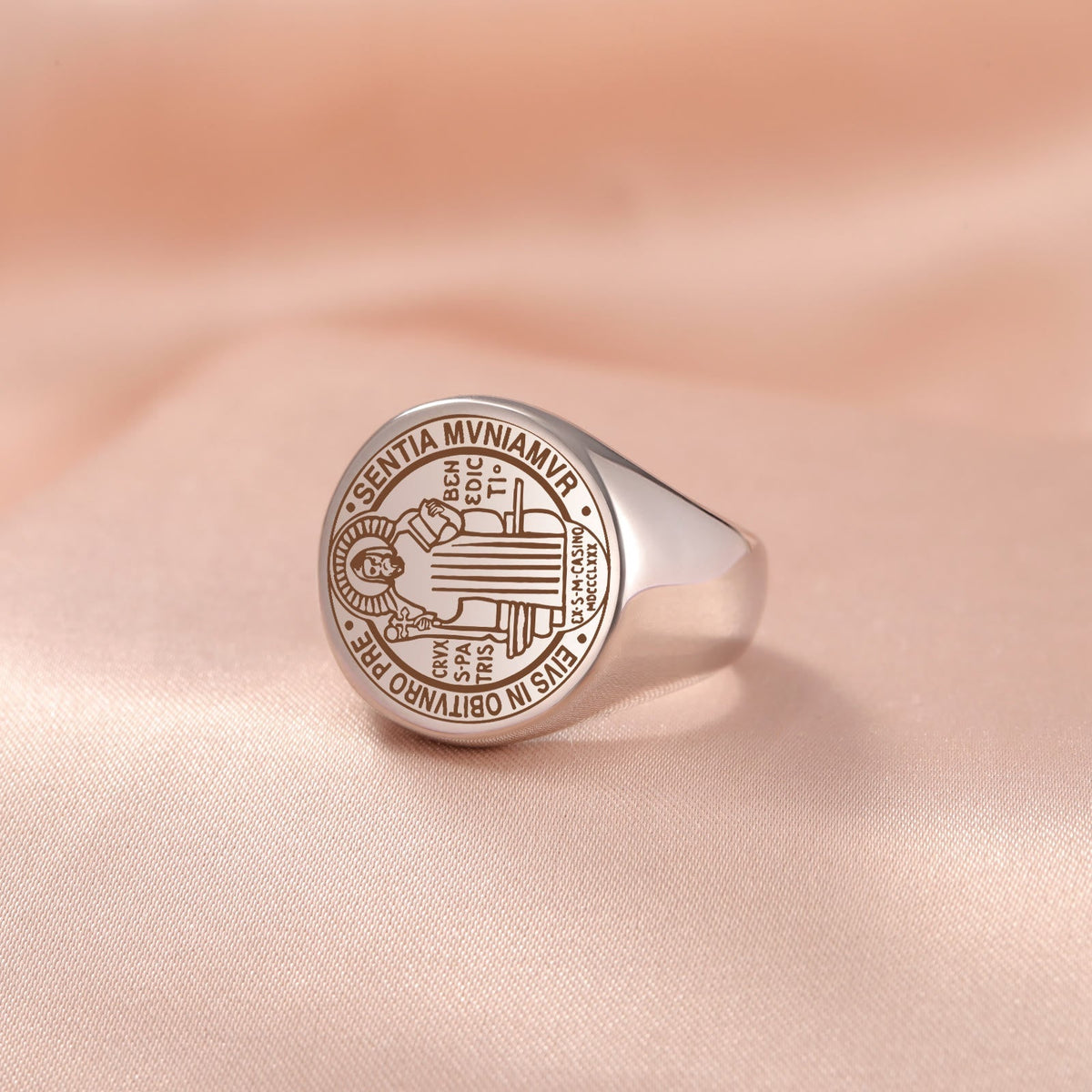 Retro-pop Style Engraved St. Benedict's Exorcism Medal Stainless Ring
