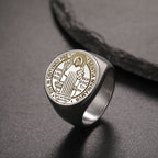 Retro-pop Style Engraved St. Benedict's Exorcism Medal Stainless Ring