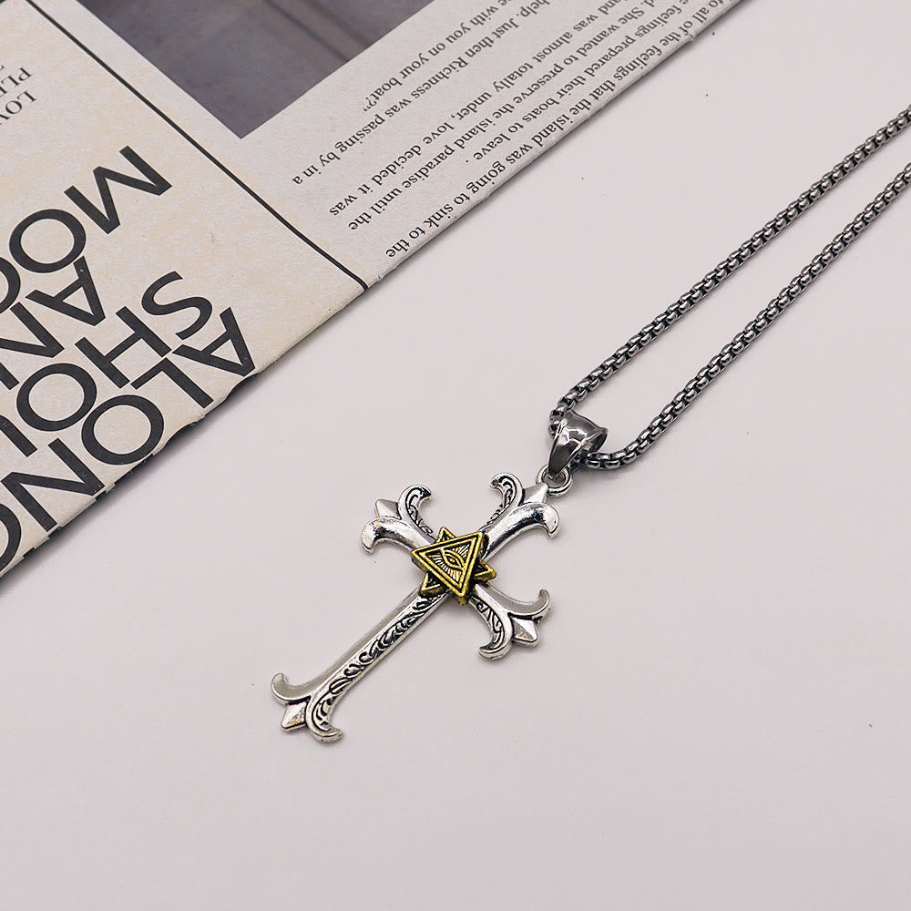 Fashion Sober Style Cross of God's Eye Square Pearl Chain Pendant Necklace