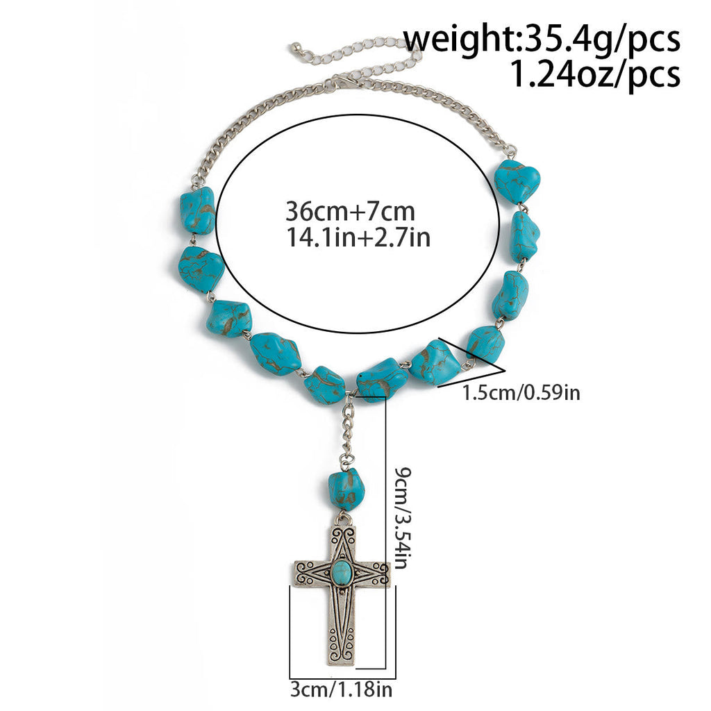Retro Style Turquoise Natural Stone Cross Pendant Necklace
