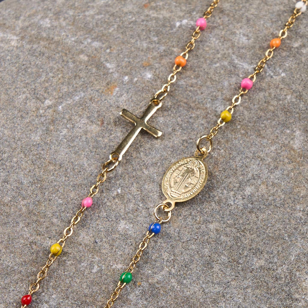 Fresh Elegant Style Colorful Clavicle Chain Necklace with Cross & 5 Medals Options