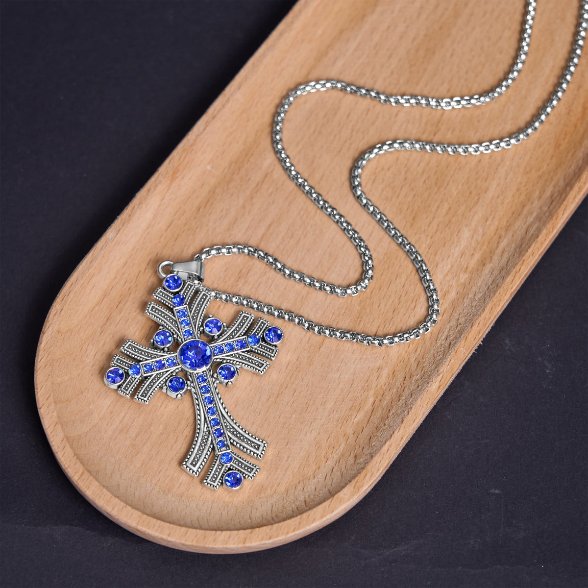 Retro Bohemian Style Blue Gemstones Cross Pendant Necklace
