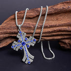 Retro Bohemian Style Blue Gemstones Cross Pendant Necklace