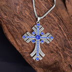Retro Bohemian Style Blue Gemstones Cross Pendant Necklace
