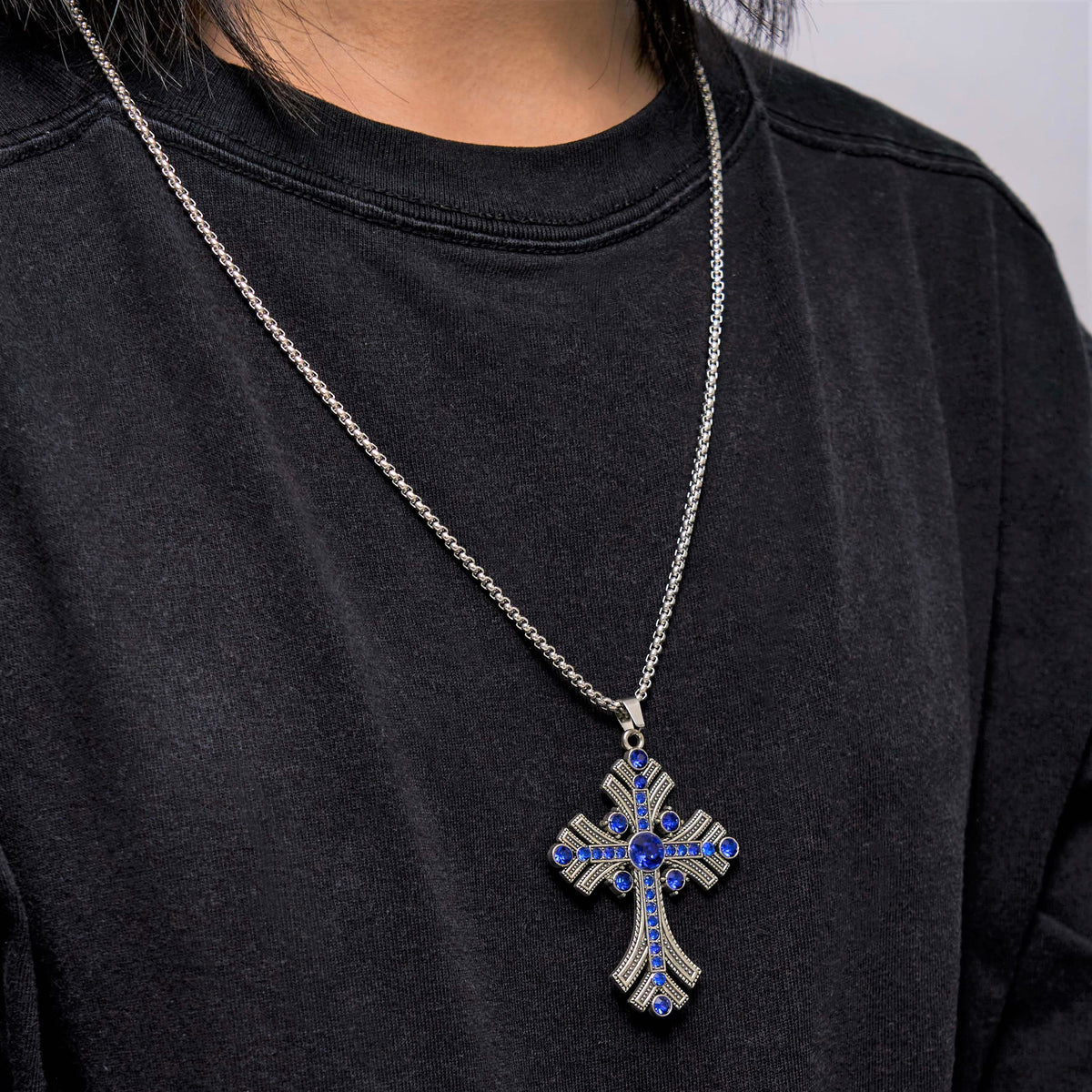 Retro Bohemian Style Blue Gemstones Cross Pendant Necklace