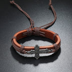 Old Crafted Style Cross Pendant Leather Drawstring Adjustable Faithful Bound Bracelet