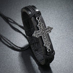 Old Crafted Style Cross Pendant Leather Drawstring Adjustable Faithful Bound Bracelet
