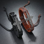 Old Crafted Style Cross Pendant Leather Drawstring Adjustable Faithful Bound Bracelet