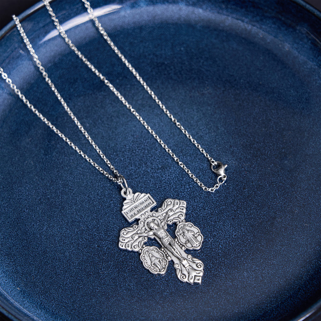 Classic Style 3 Colors Pardon Crucifix Double Sided Engraved Pendant Necklace
