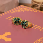 Retro Style Green Gemstones Cross Golden Alloy Ring