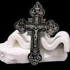 Classic Style Ornate Crucifix with All Saint Iconography & Red Gems Accents Pendant Necklace