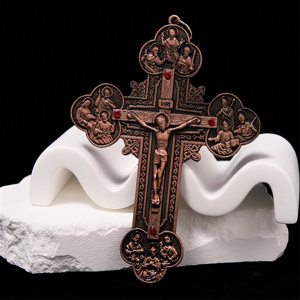 Classic Style Ornate Crucifix with All Saint Iconography & Red Gems Accents Pendant Necklace