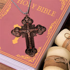 Classic Style Ornate Crucifix with All Saint Iconography & Red Gems Accents Pendant Necklace