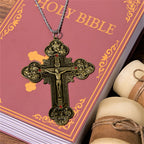 Classic Style Ornate Crucifix with All Saint Iconography & Red Gems Accents Pendant Necklace