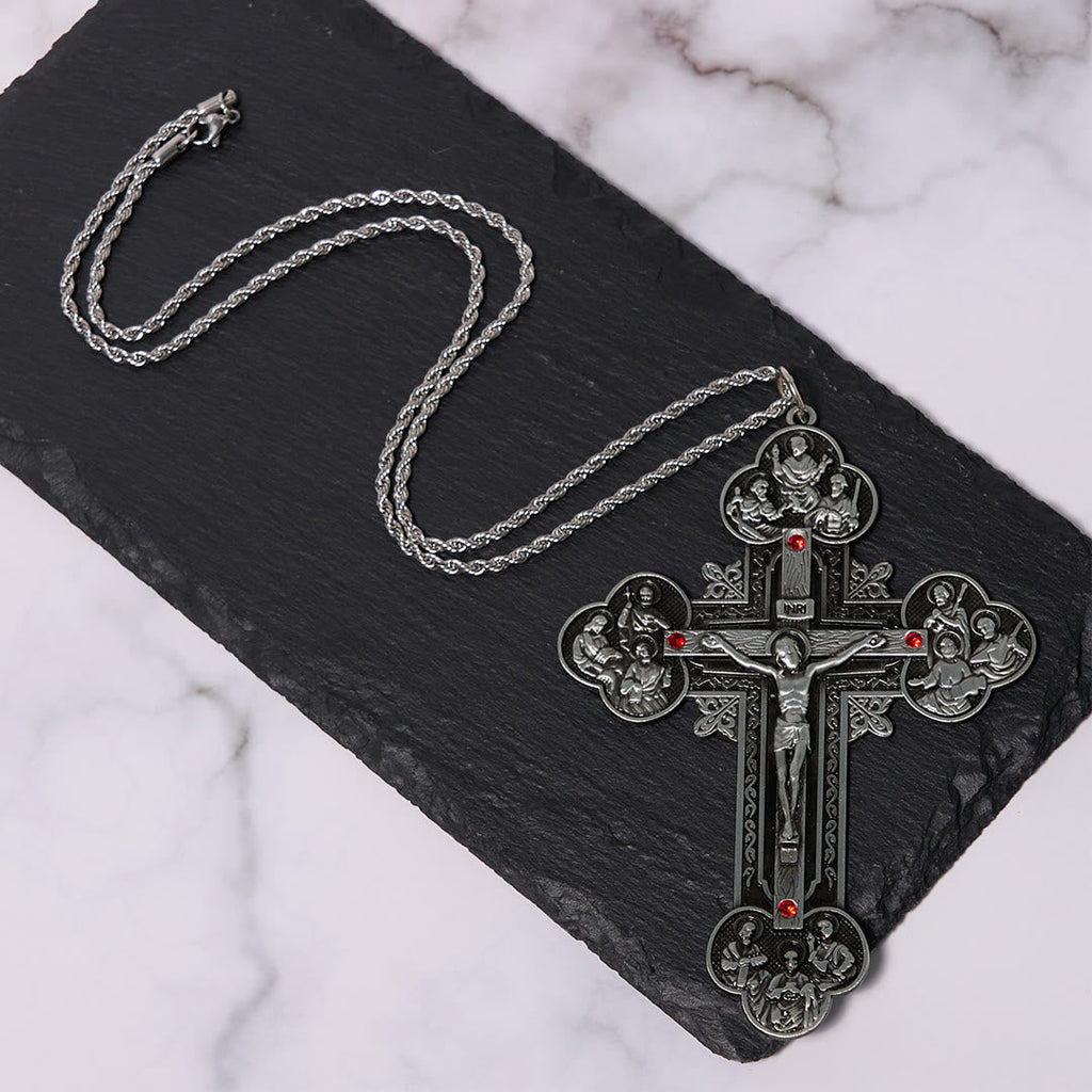 Classic Style Ornate Crucifix with All Saint Iconography & Red Gems Accents Pendant Necklace