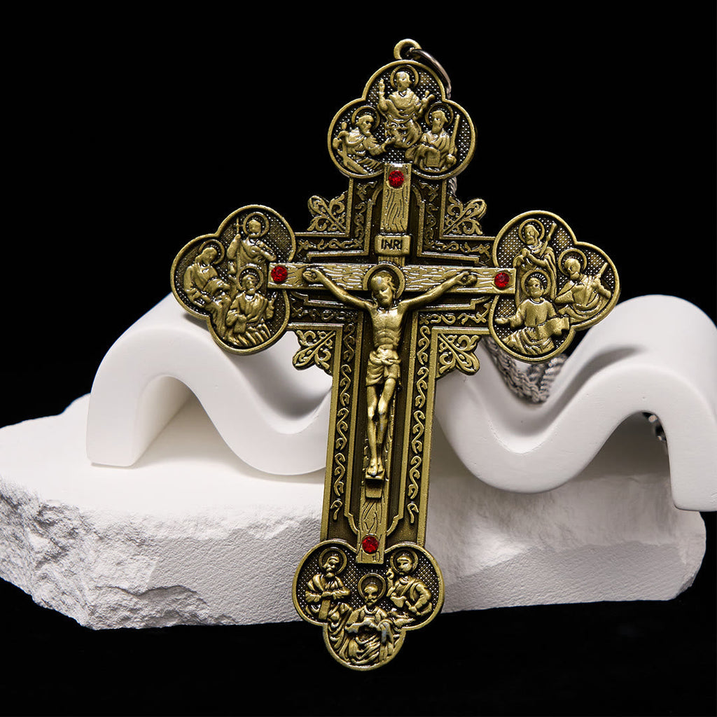 Classic Style Ornate Crucifix with All Saint Iconography & Red Gems Accents Pendant Necklace