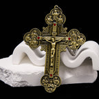 Classic Style Ornate Crucifix with All Saint Iconography & Red Gems Accents Pendant Necklace