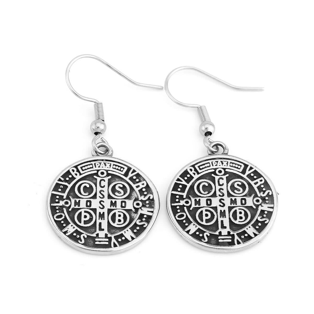 Classic Style St. Benedict Engraved Emblem Divine Protection Earrings VIP