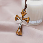 Classic Style Curved Olive Wood Crucifix Cross Pendant Necklace