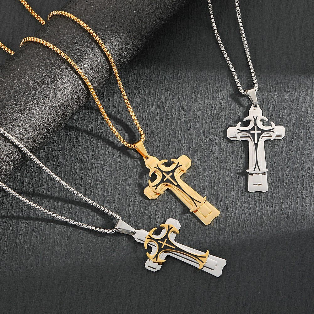 Modern Style Dual Layered Cross Pendant Necklace