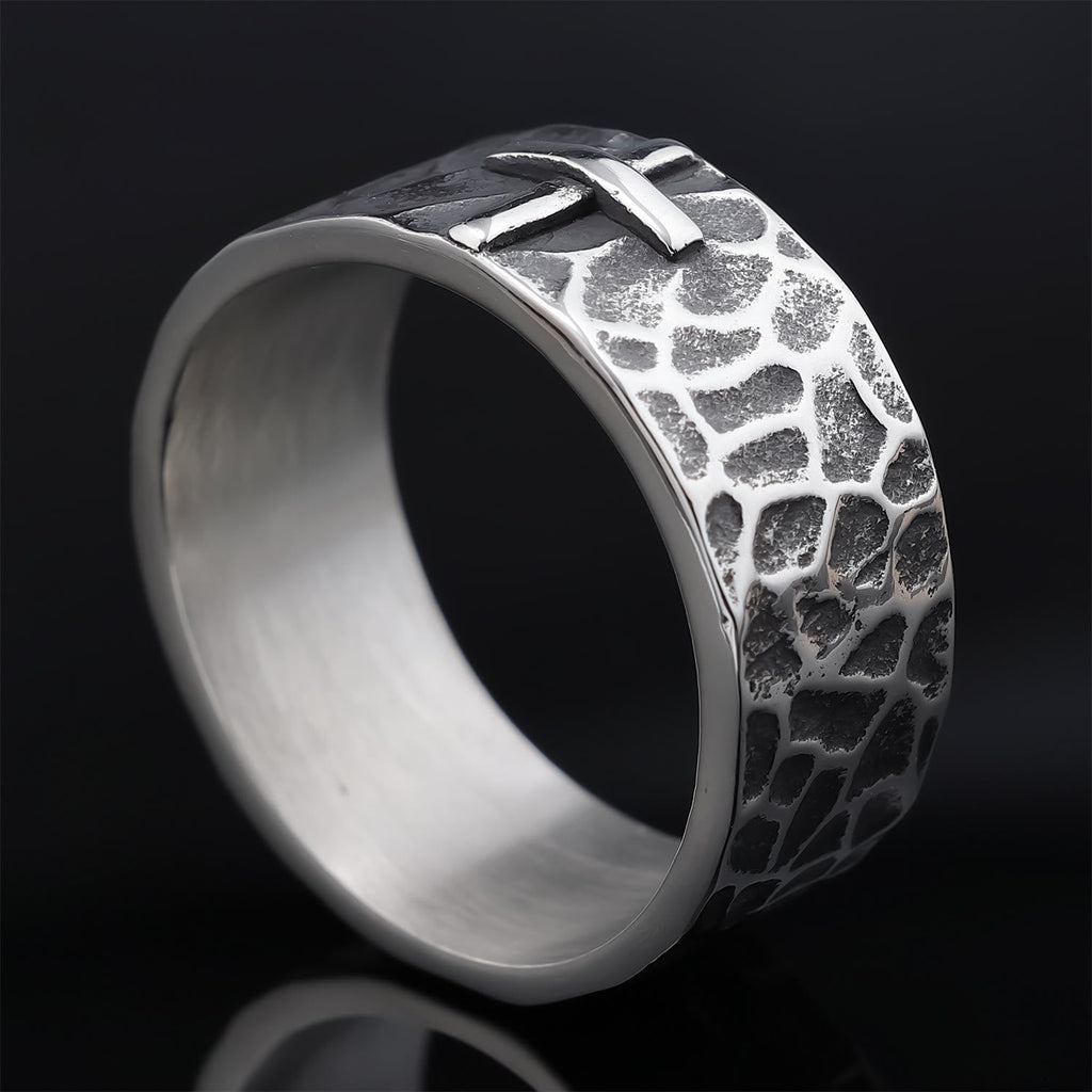 Vintage Style Ancient Texture Forged Stone Cross Ring
