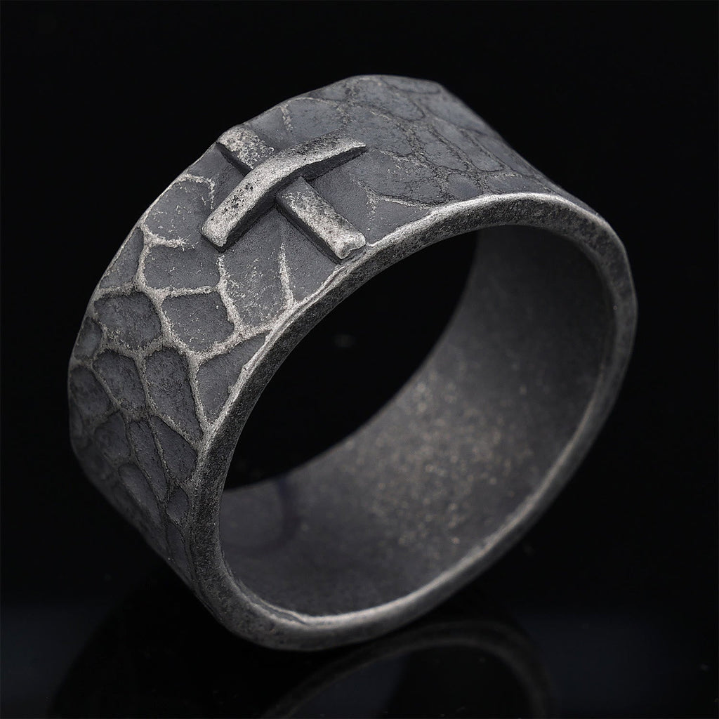 Vintage Style Ancient Texture Forged Stone Cross Ring