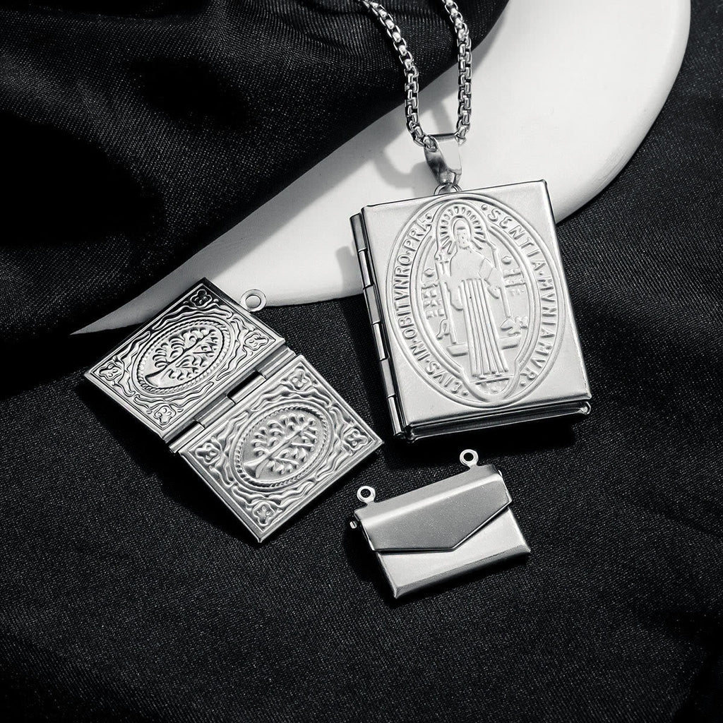 Modern Style St. Benedict & Marry Photo Box Pendant Necklace