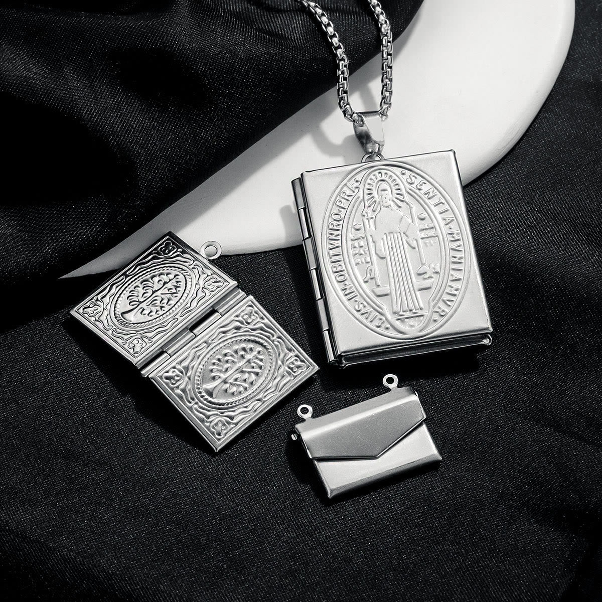 Modern Style St. Benedict & Marry Photo Box Pendant Necklace