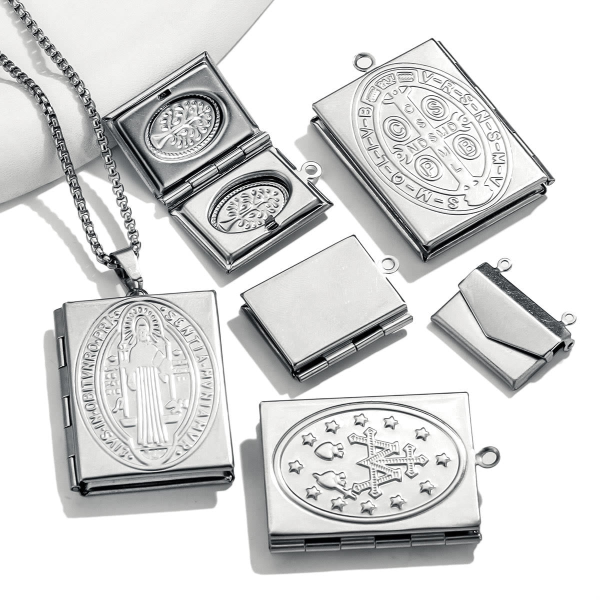 Modern Style St. Benedict & Marry Photo Box Pendant Necklace