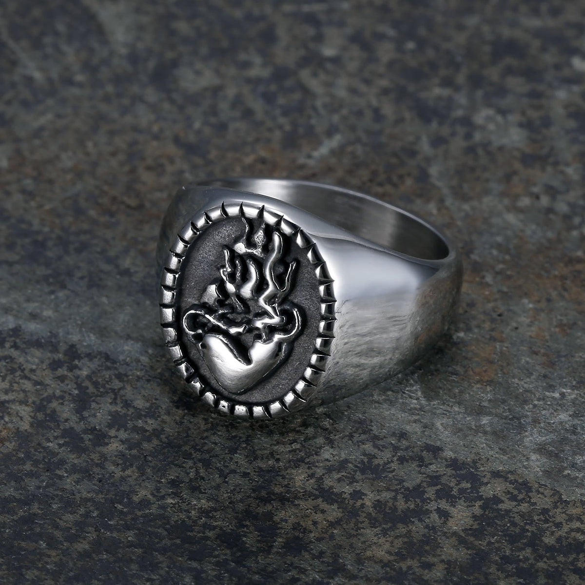 Classic Retro Style Jesus Sacred Heart Engraved Stainless Steel Faith Ring