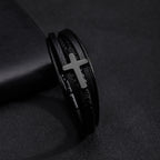 Cross of Black Leather Cuff Band Bracelet